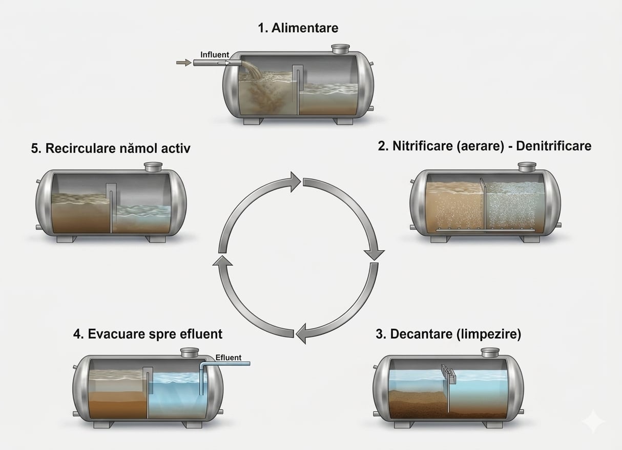 Schema celor 5 etape SBR ECO TANK: alimentare, aerare, decantare, evacuare, recirculare nămol